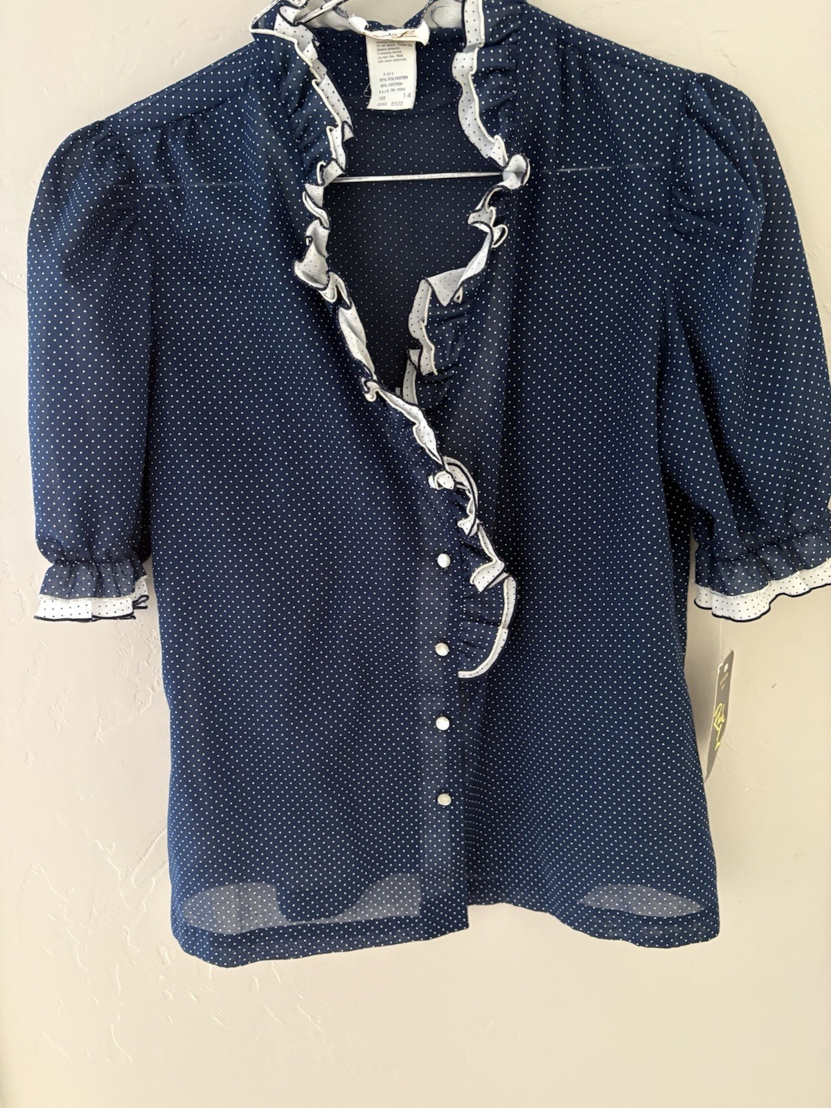 Vintage Rhoda Lee Womens Blouse 70’s Navy Polka Dot Ruffled Button Down Size 14