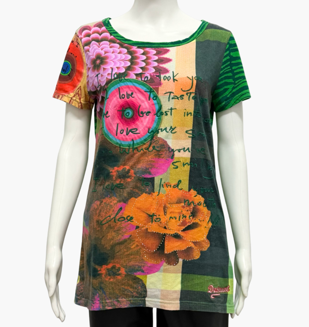 Desigual Graphic T Shirt Womens L Multicolour Floral Embroidered Longline Tee