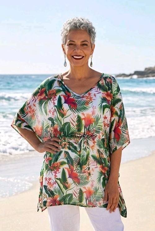 Sheer Tunic Blouse Swimsuit Cover Up Drawstring Butterfly Sleeve Tropical Beachy