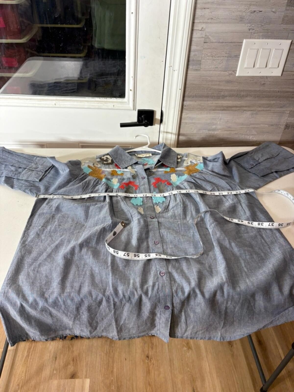 Embroidered Chambray Button-Down Shirt in Light Blue 1864