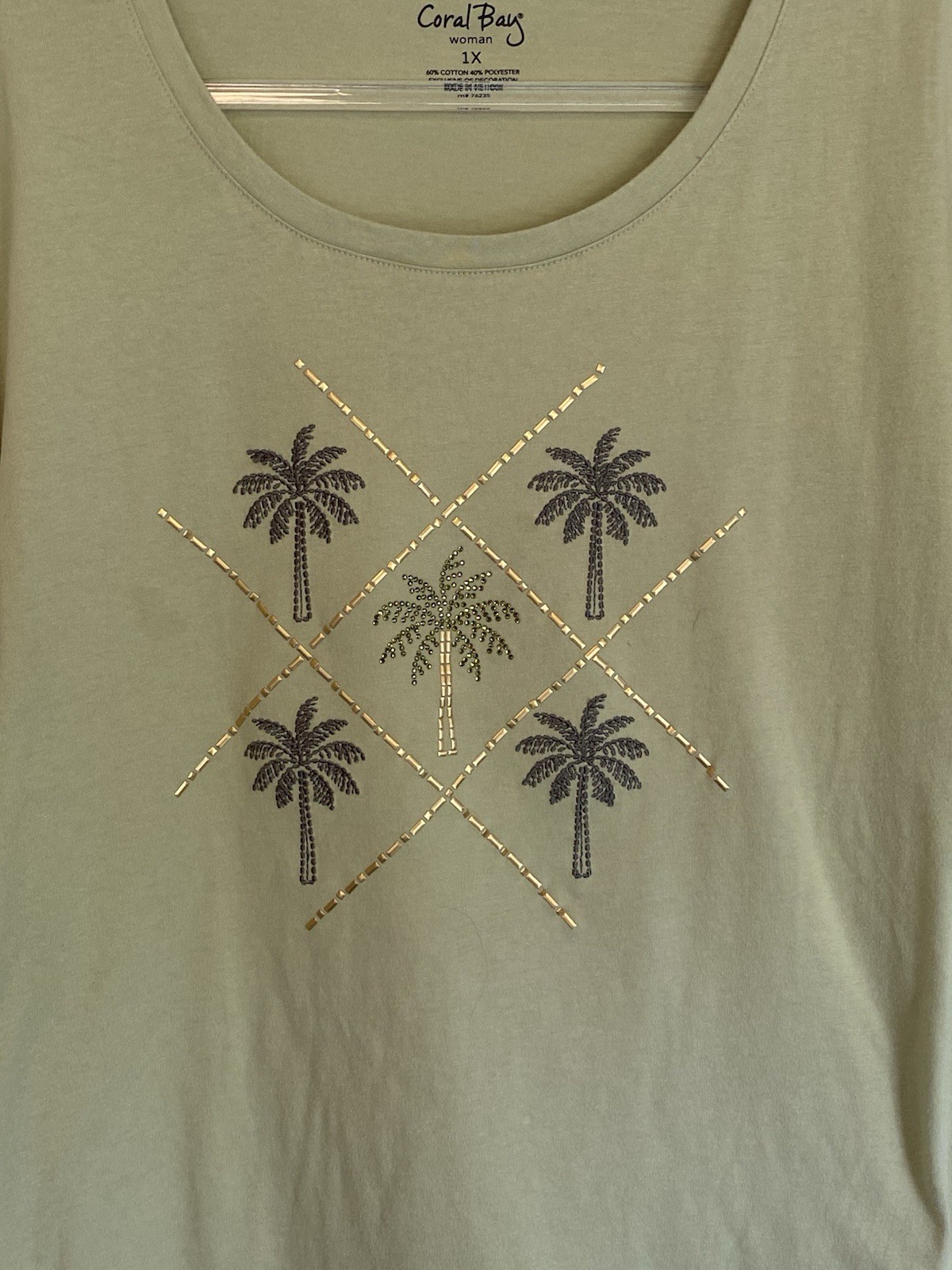 Coral Bay Womens 1X Green Short Sleeve Tee With Embroidered Palm Trees Knit Top