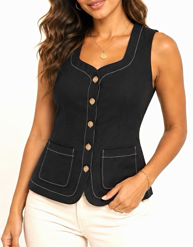 Tankaneo~ Black Sleeveless Button-Front Vest with Contrast Stitching M