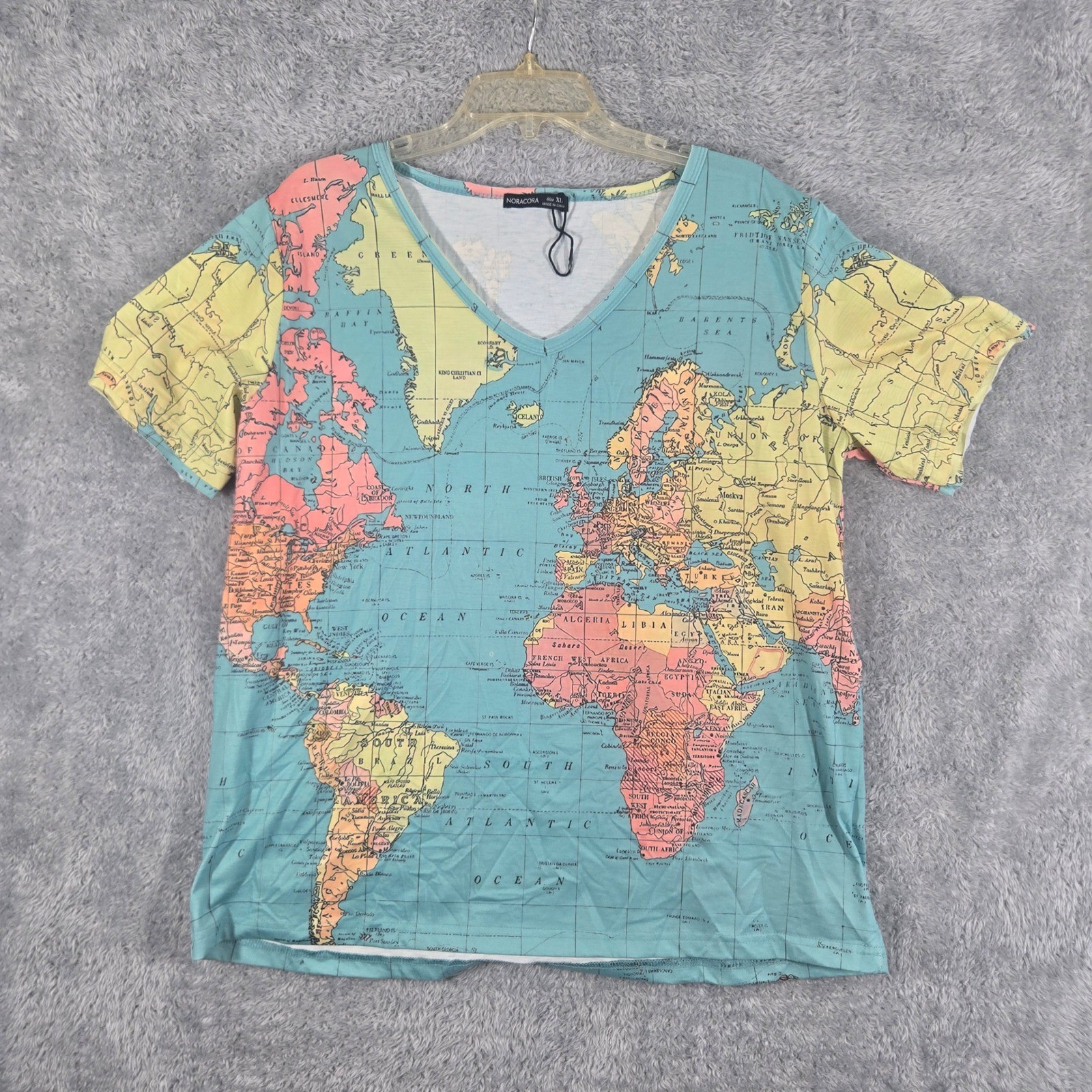 Noracora Womens World Map Print V-Neck Short Sleeve Cotton Tee Shirt Blue XL