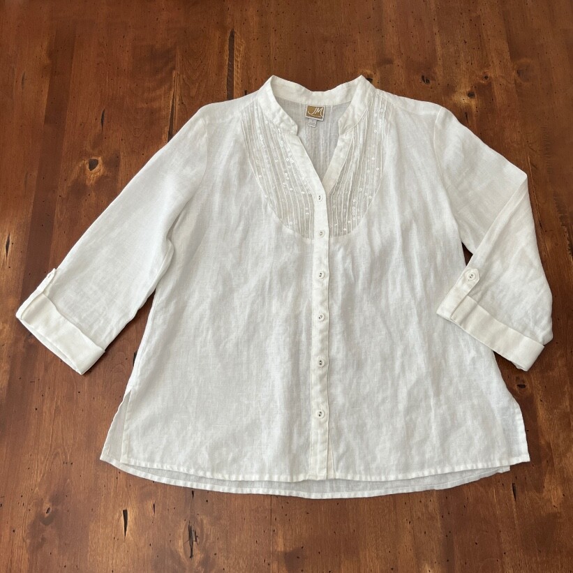 Womens JM Collection Size 14 Eggshell White 100% Linen Button Down Blouse Sequin