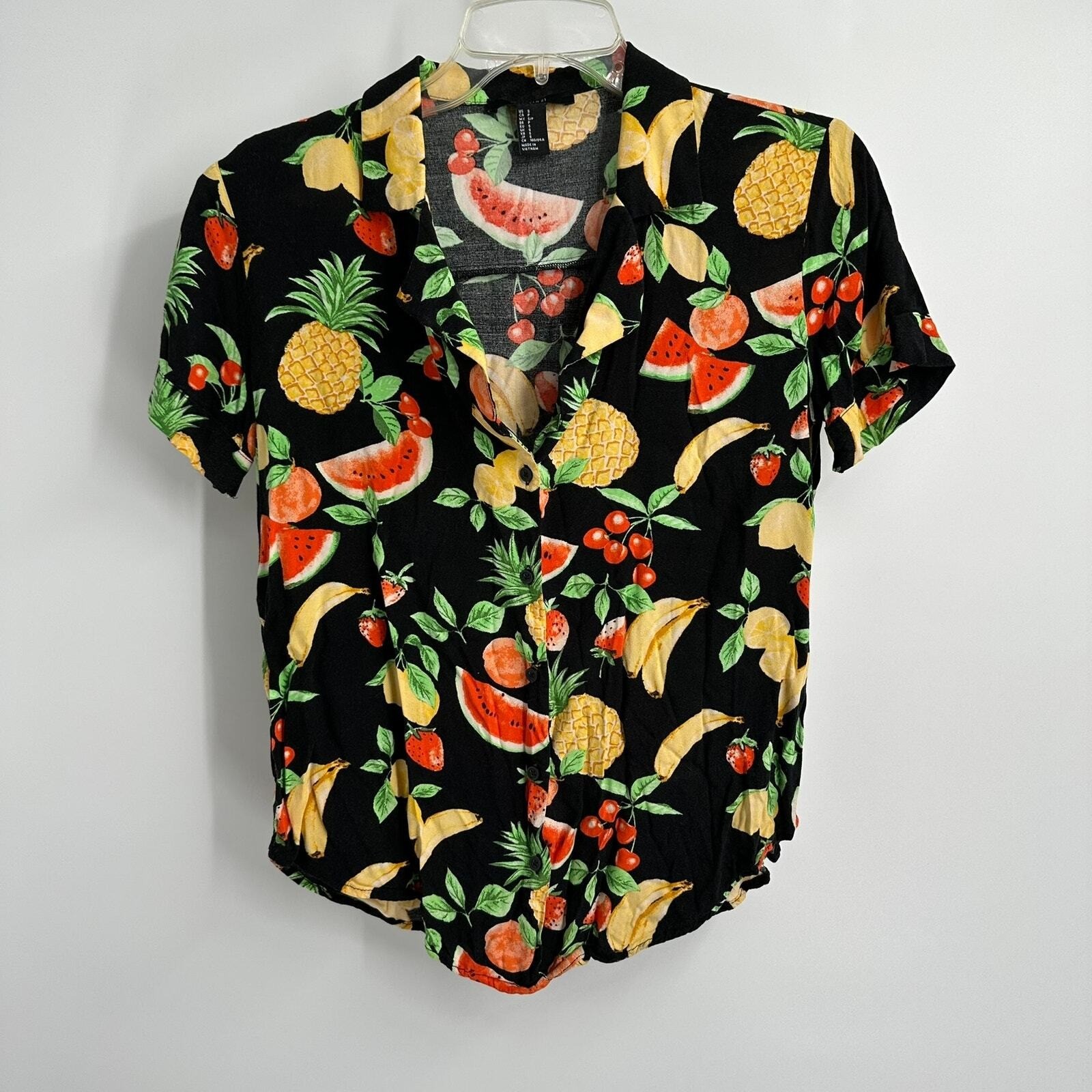 Womens Fruit Print Button Up Top Size S Tropical Novelty Retro Summer