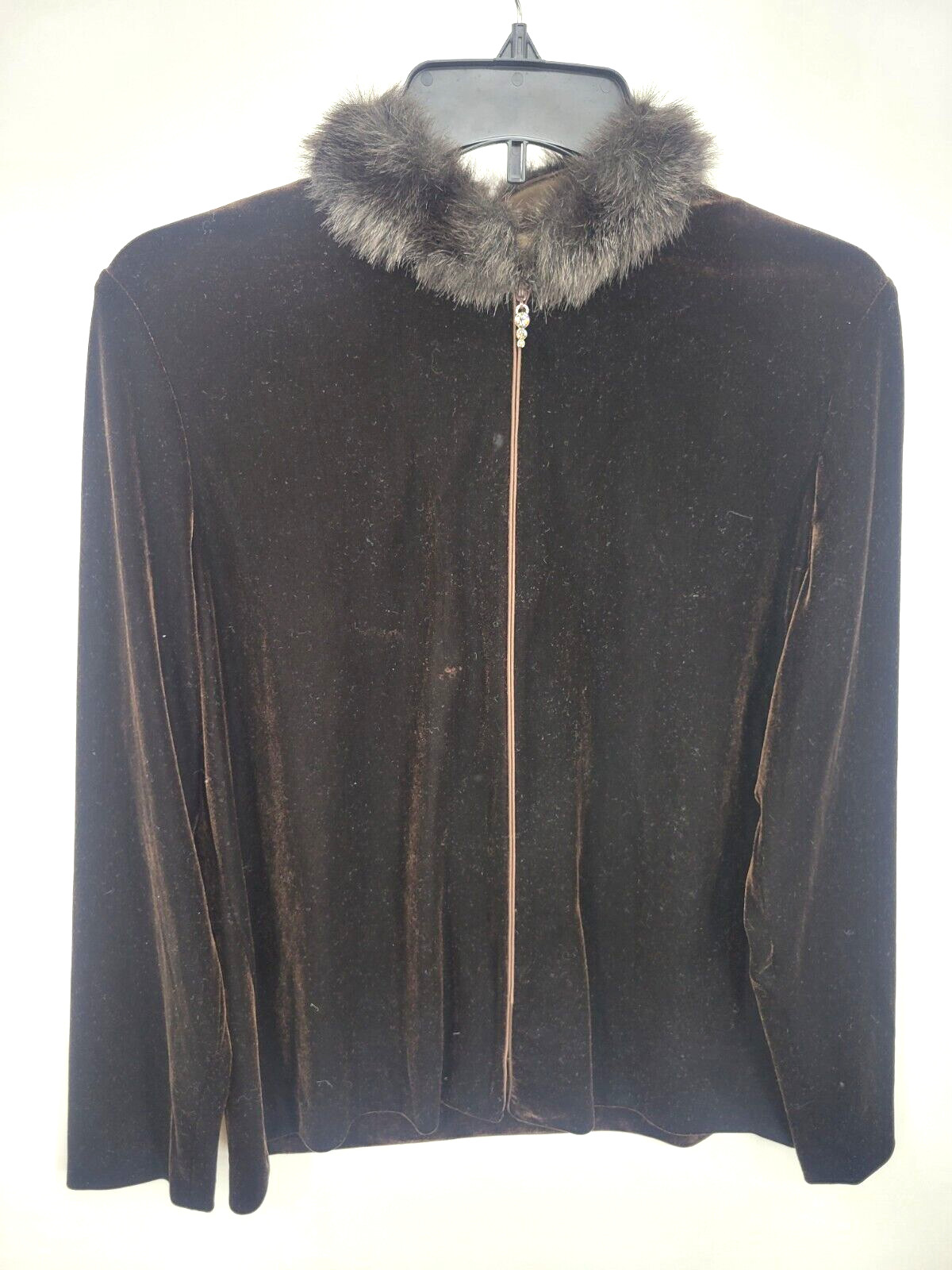 Alex Evenings Cardigan Womens Medium Black Velvet Faux Fur Collar Zip Up Jacket