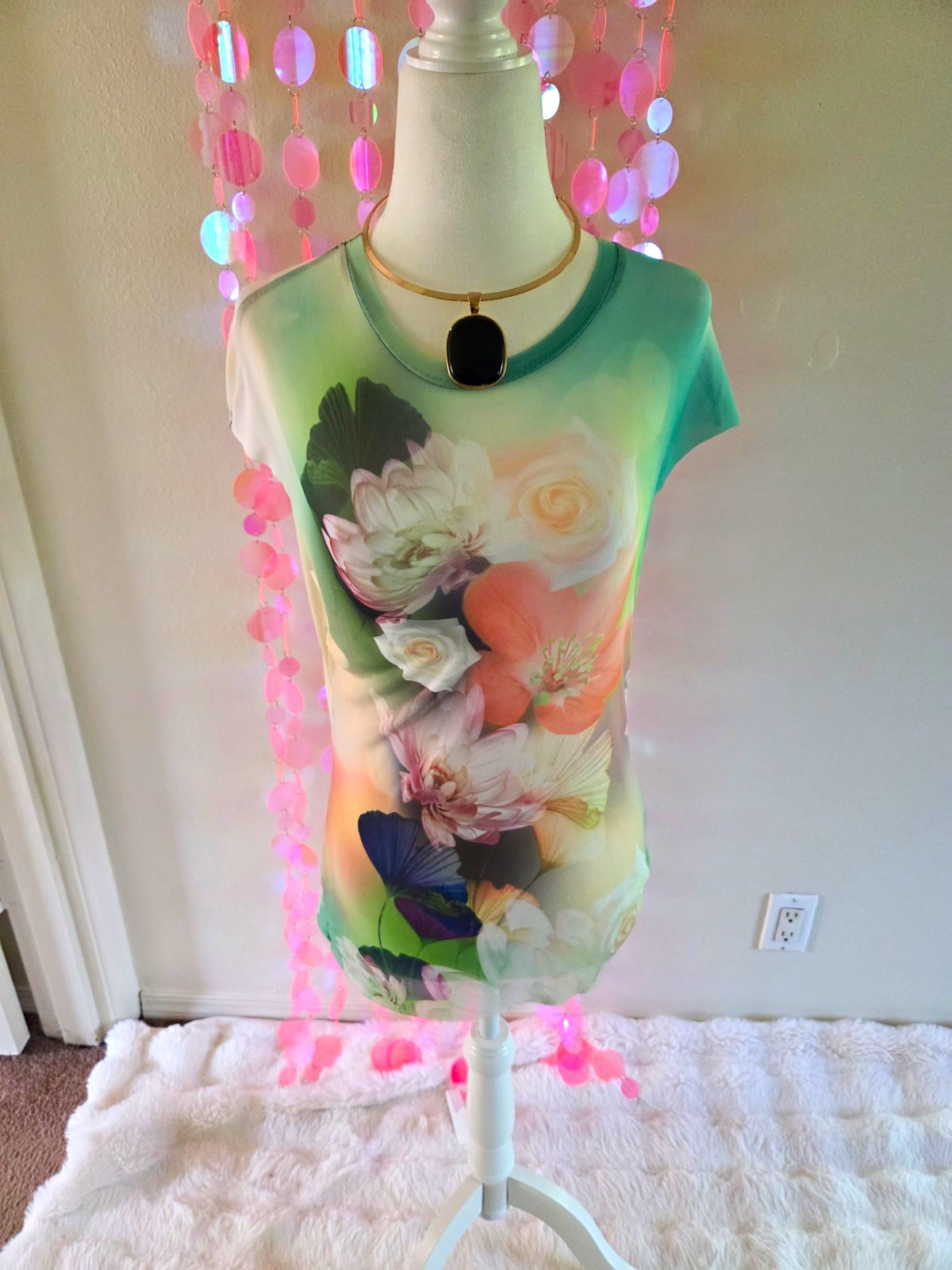 AFRM Women’s Floral Sheer Mesh Cap Sleeve Round Neck Pullover Top L/G Multi