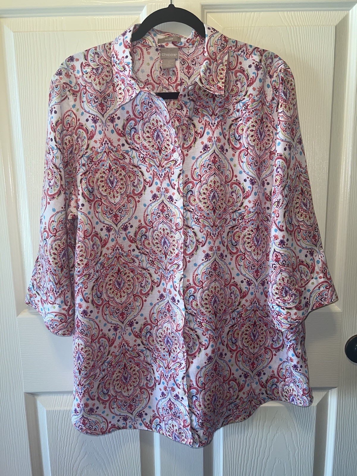 Chico’s No Iron Linen Tunic Shirt Sz 3 XL Paisley Button Front 3/4 Sleeve Top
