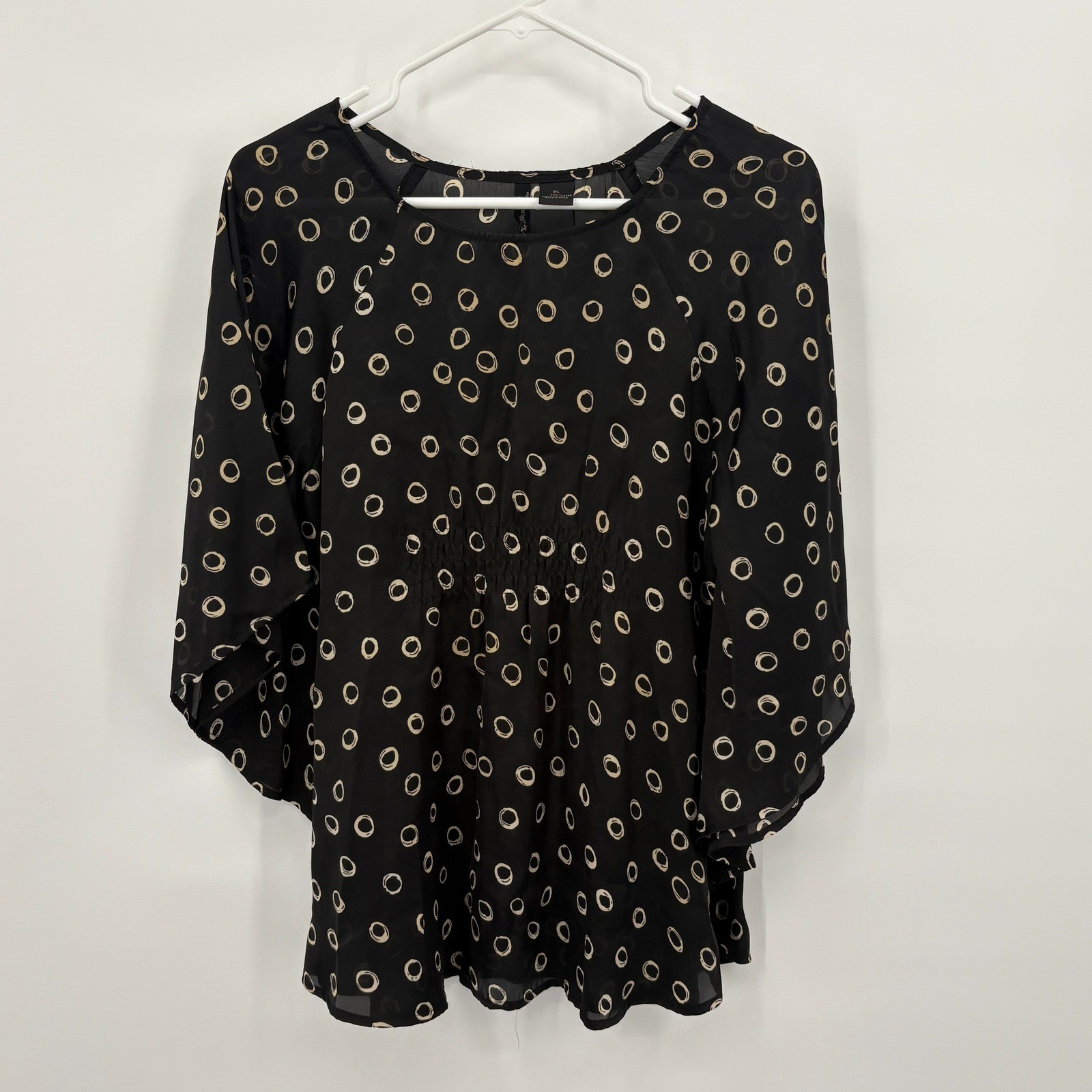 Nue Options Petites Black Circle Print Smocked Waist Flutter Sleeve Blouse PL