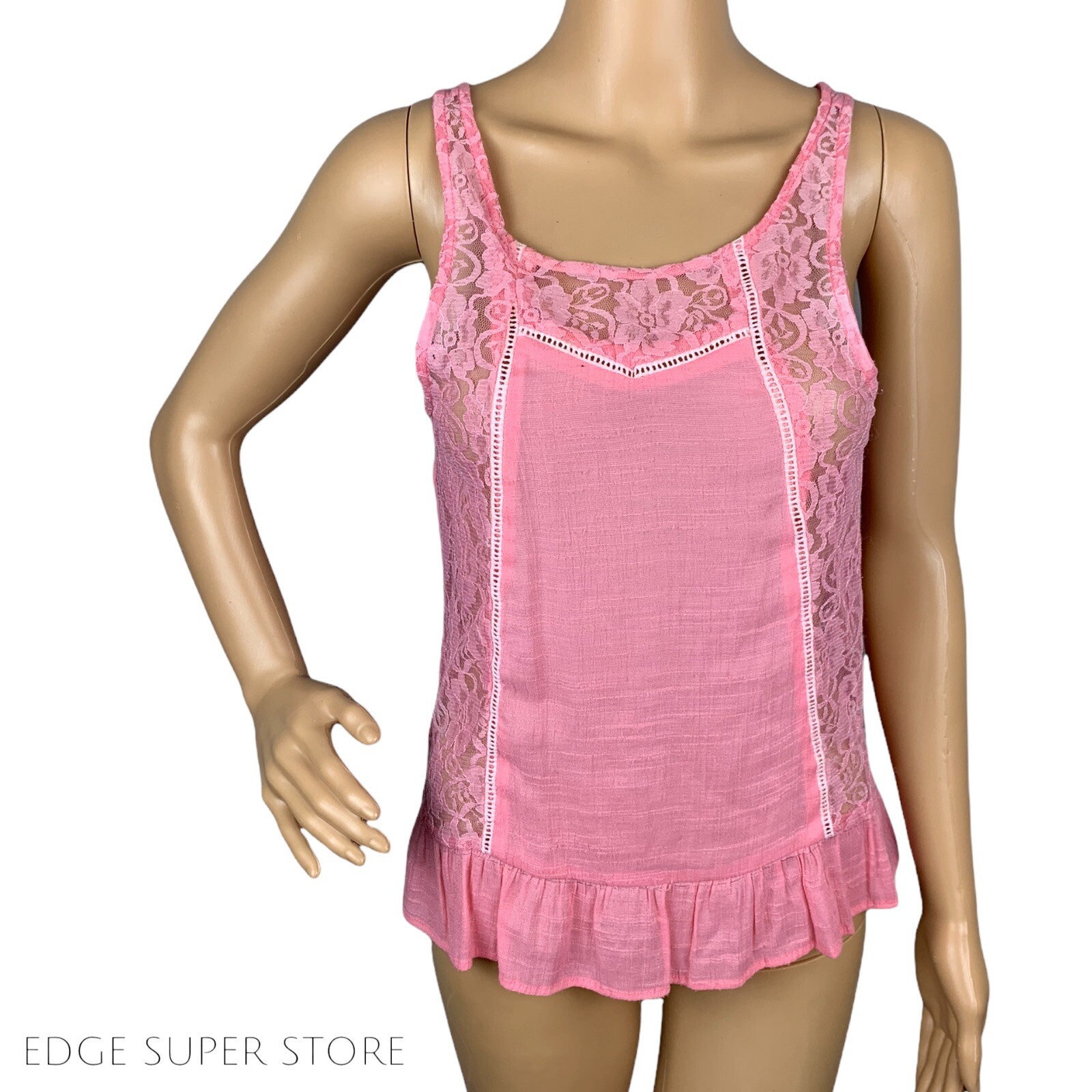 Timing Light Pastel Pink Lace Sleeveless Pleated Ruffle Hem Tank Top Size Small