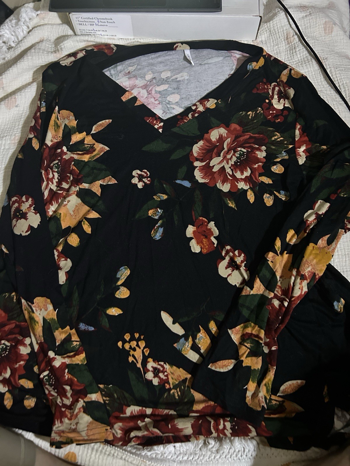 LONGYUAN Women 2XL Floral Blouse V Neck Long Sleeve Boho Stretch Top