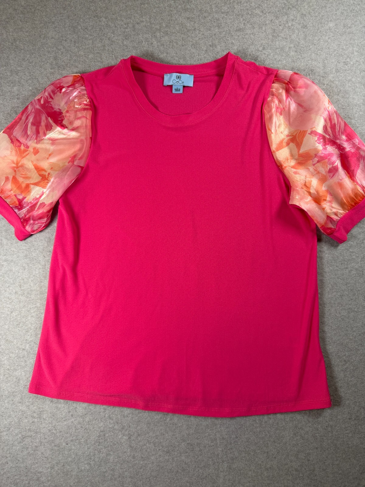 CeCe Fuchsia Short-Sleeve Top w/ Sheer Floral Puff Sleeves Size L Cute SKU 295