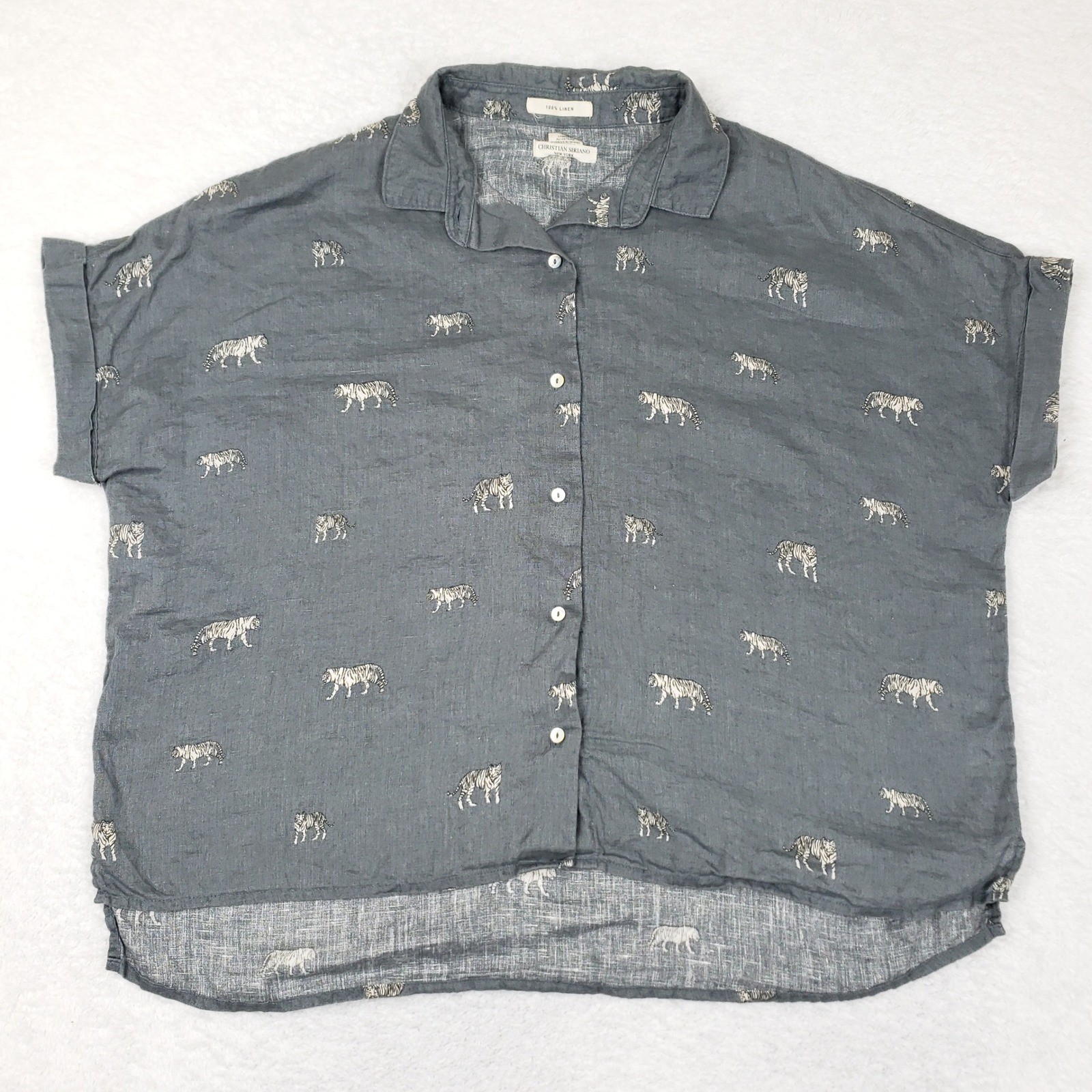 Christian Siriano New York Women Gray 100% Linen Tiger Embroidered Boxy Shirt M