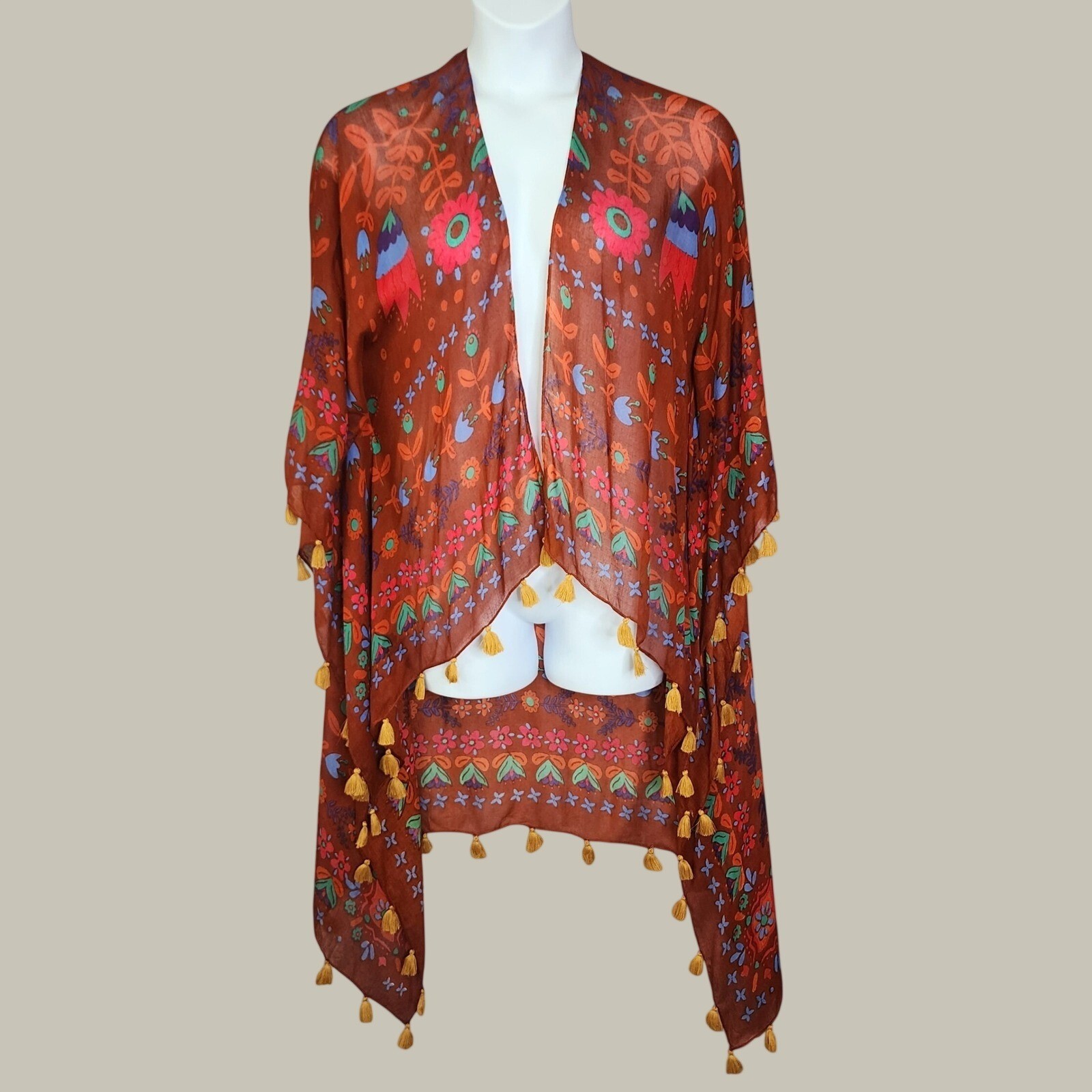 Natural Life Kimono Wrap Women One Size Rust Floral Tassel Boho Festival Sheer