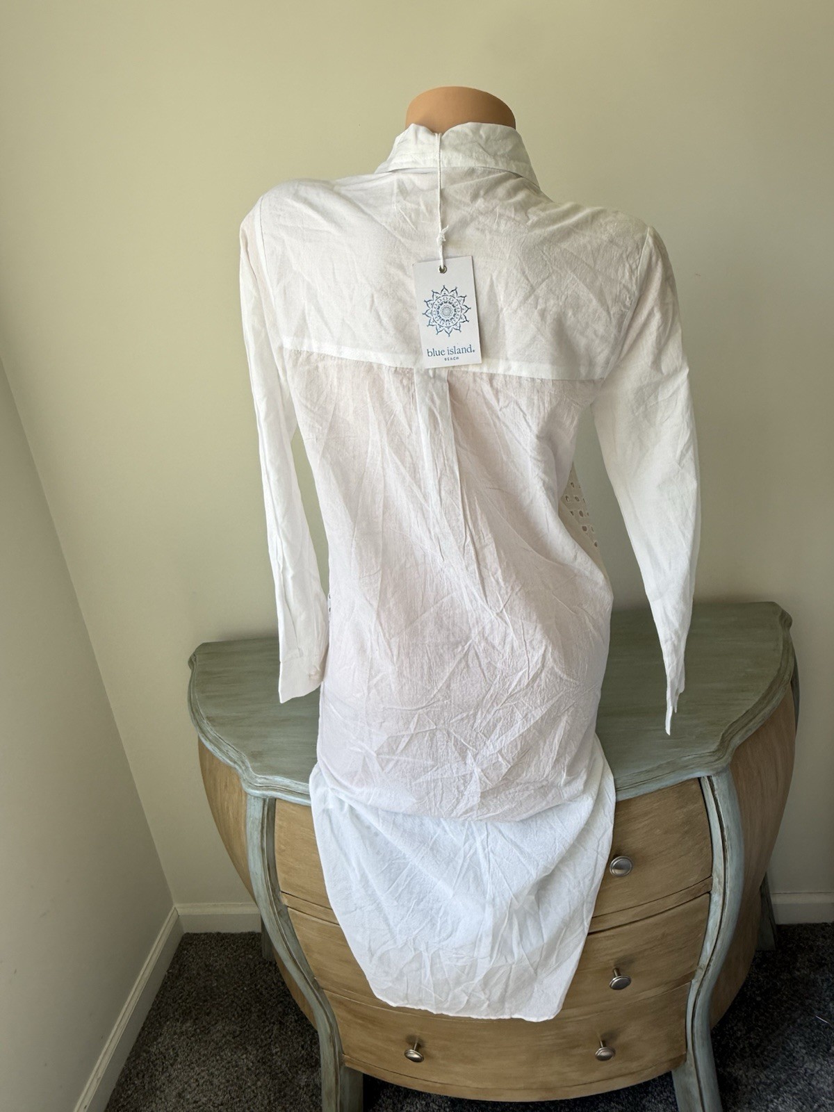 Blue Island Beach White Eyelet Tunic Shirt Dress Coverup NWT XS Coastal Resort