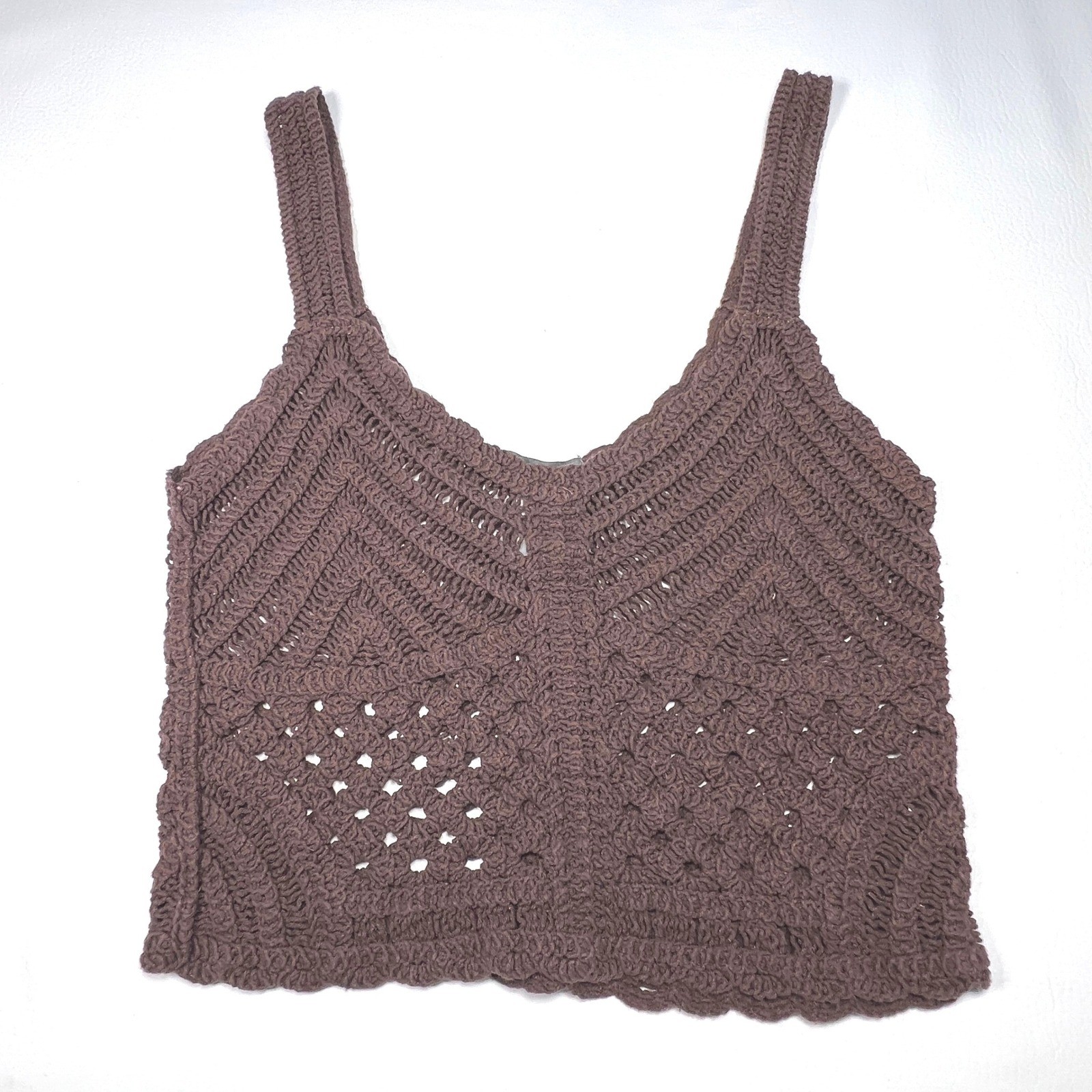 Boho Retro Crochet Tank Top Womens Medium Brown Hippie Knit Cottagecore Earthy