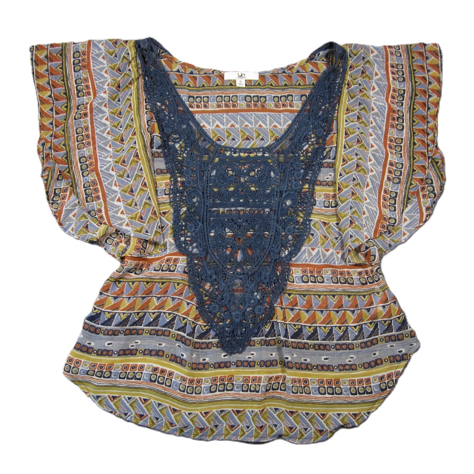 YA Los Angeles Boho Top S Silk Geometric Crochet Hippie Festival Cottagecore 70s