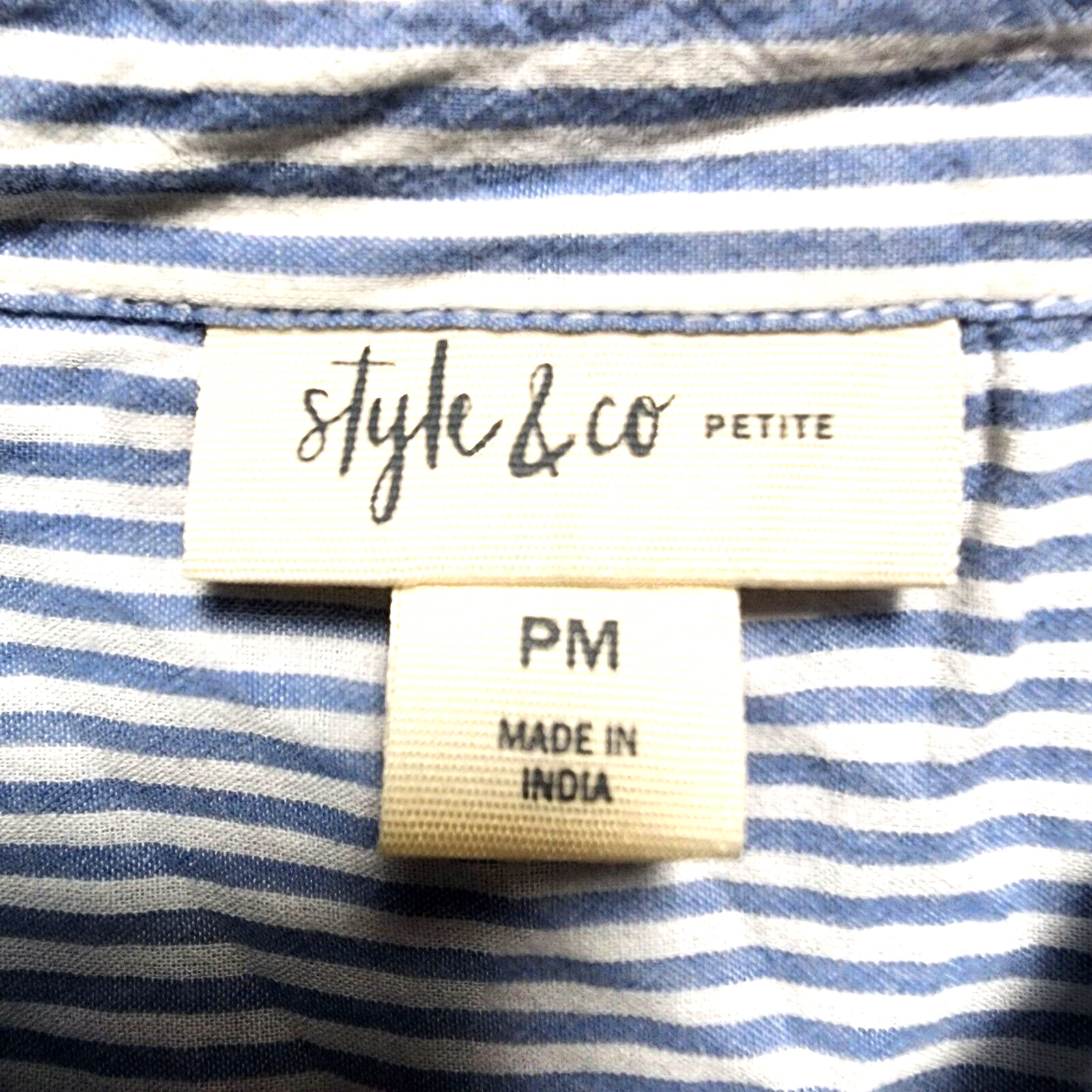 Style & Co Top Womens Medium Petite Blue Striped Embroidered Plants Long Sleeve