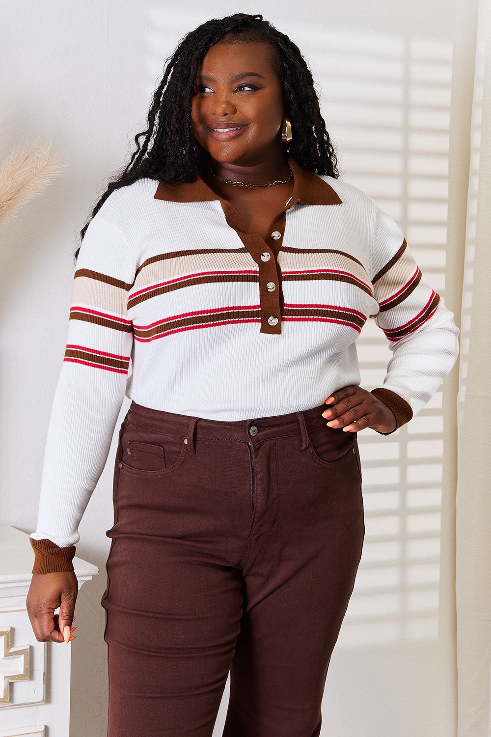 Basic Bae Womens Striped Rib Knit Collared Top Long Sleeve Casual Shirt