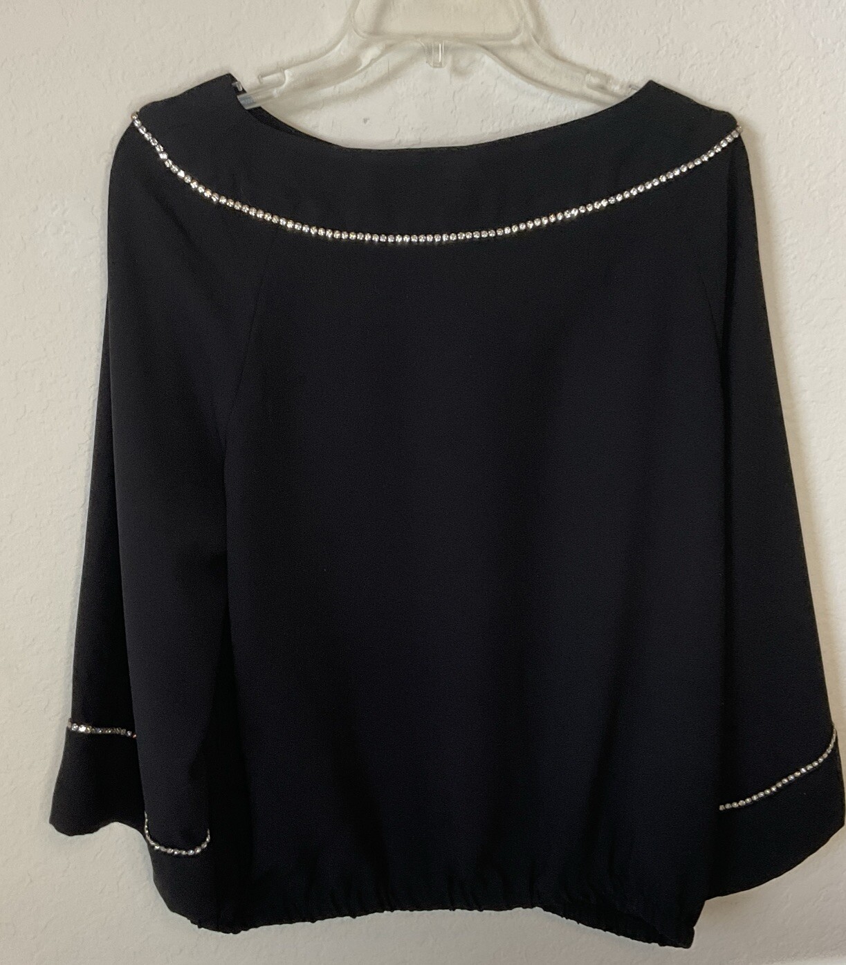 Trina Turk Rhinestone Trim Neck & Cuffs Long-Sleeve Blouse Black Size M