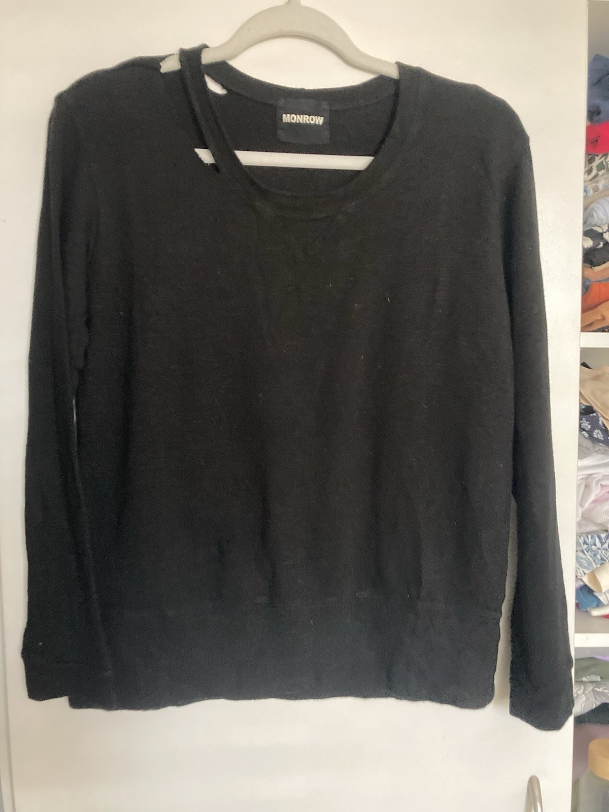 Monrow Women’s Black Flat Asymmetric Neck Long Sleeve Top Thick Knit Size M