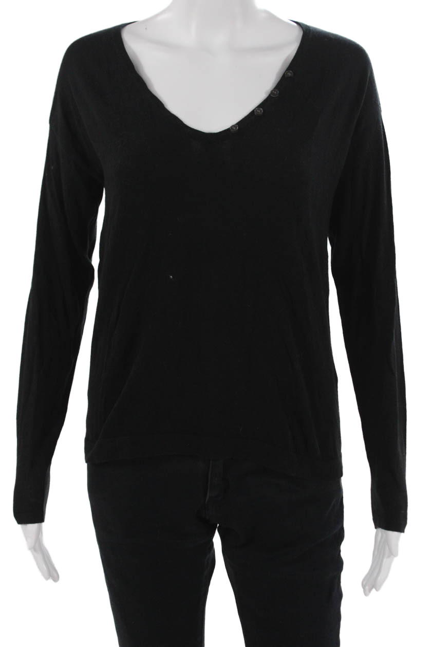 Minnie Rose Women Cotton V Neck Long Sleeve Button Front Top Size M