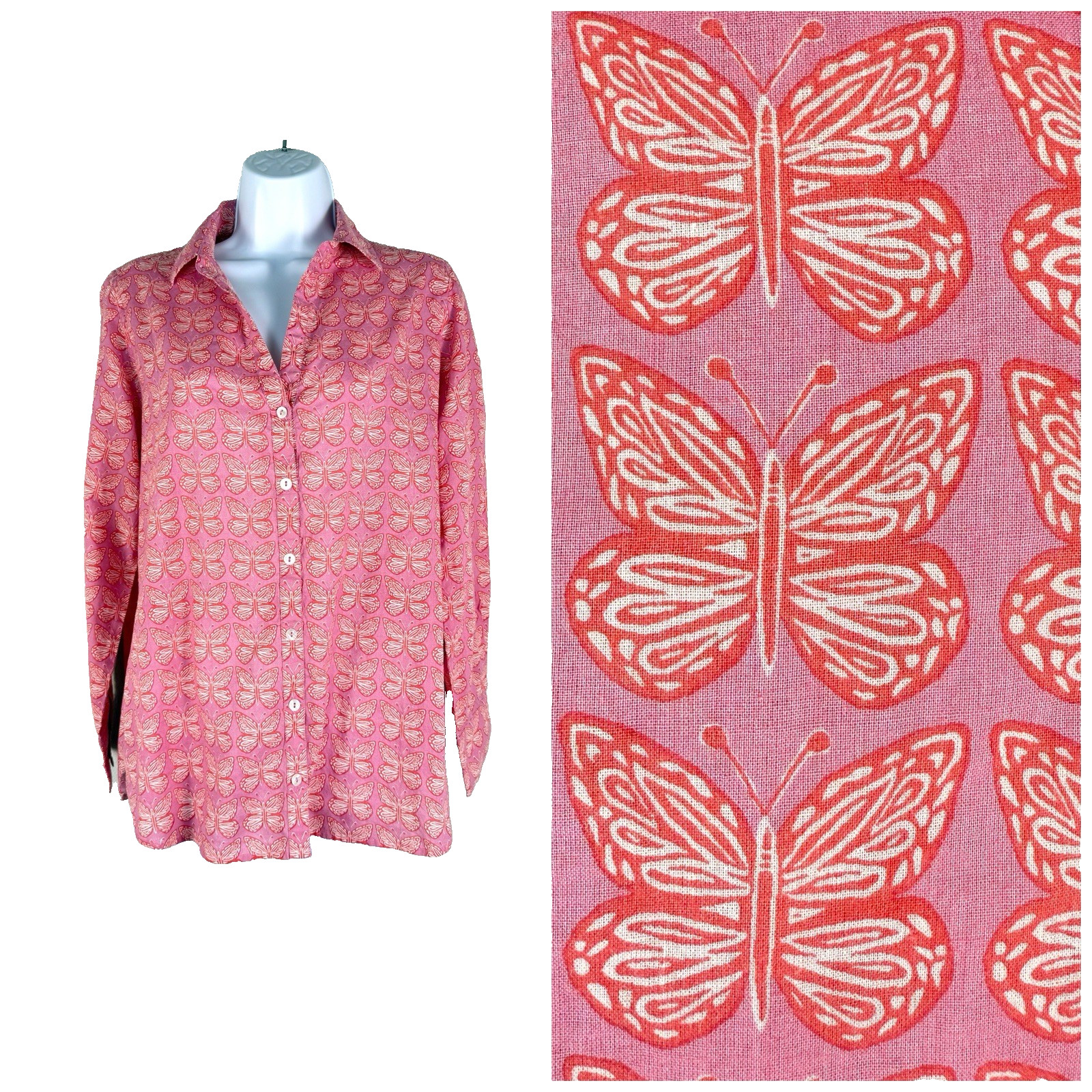 Beach To Bistro Butterfly Print Button Up Womens Small Resort Vacation Travel