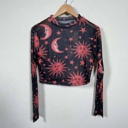 Celestial Mesh Crop Sheer Top Womens S Black Red Grunge Goth Sun Moon Stars