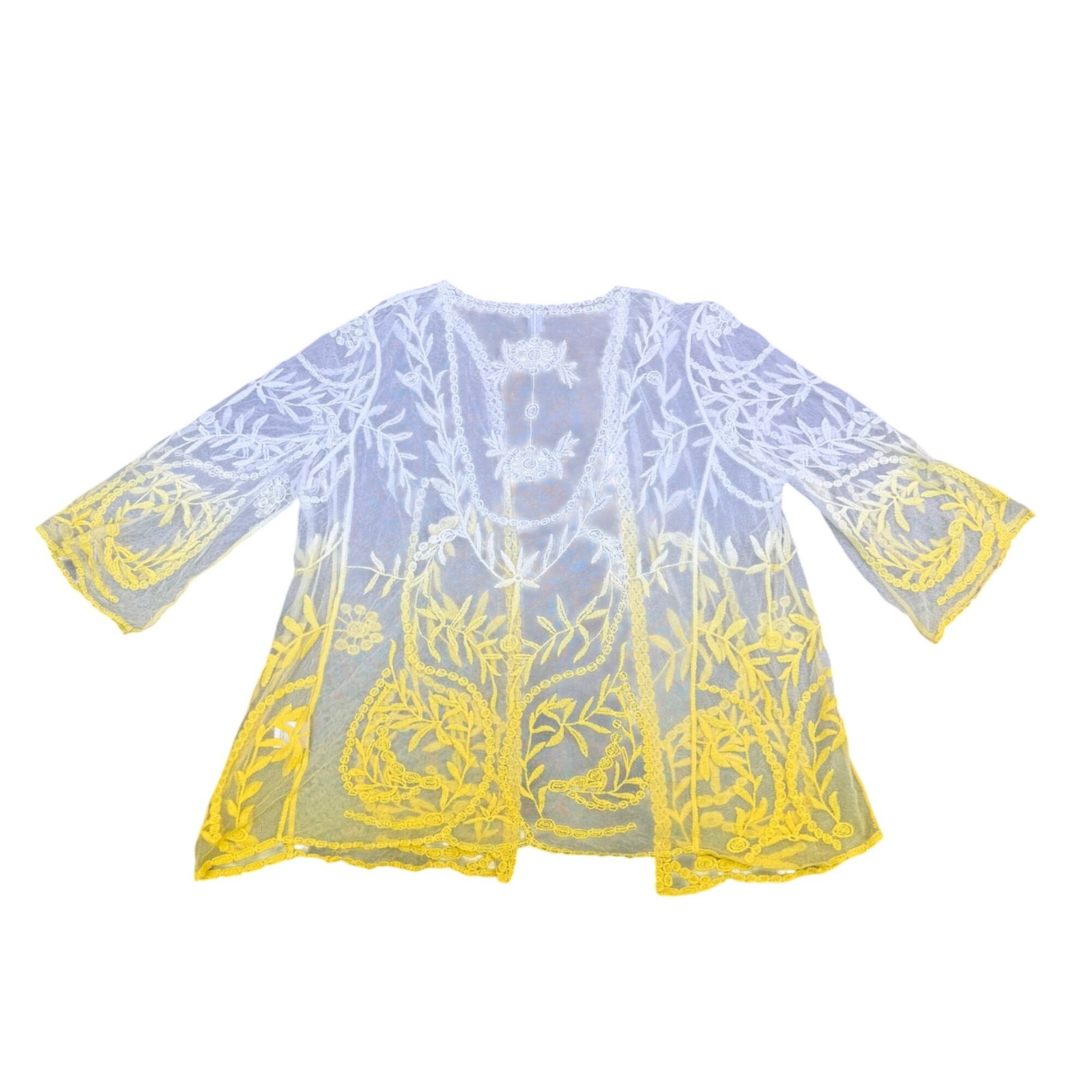 Nina Leonard Womens White & Yellow Lace Embroidered Open Front Topper Sz 2X