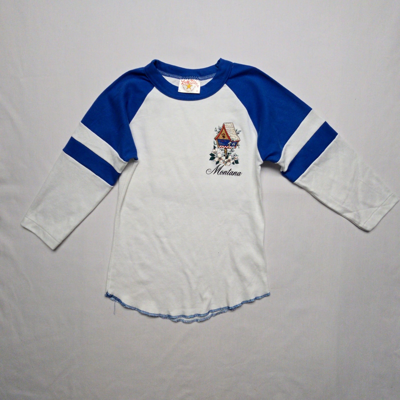 Vintage Montana Graphic Raglan Tee Blue White Womens S Long Sleeve T-shirt 80s