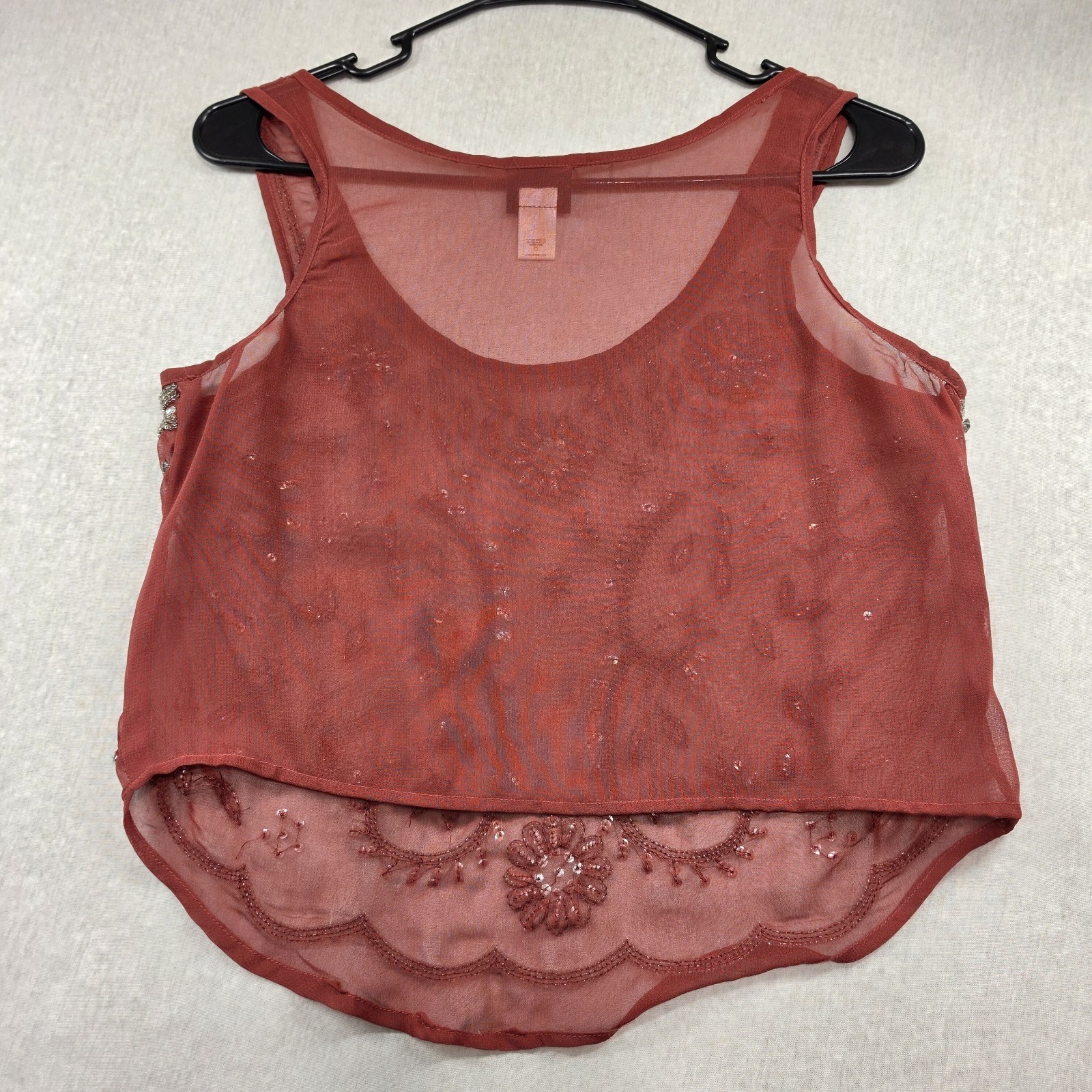 Daytrip Rust Red Sheer Mesh Beaded Sequined Crop Tank Top Size S Y2K Whimsigoth