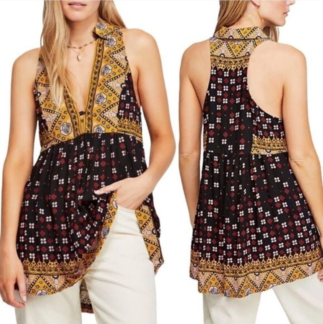 Free People Halter V-Neck Floral Tunic Blouse Black Yellow Chiffon Size L