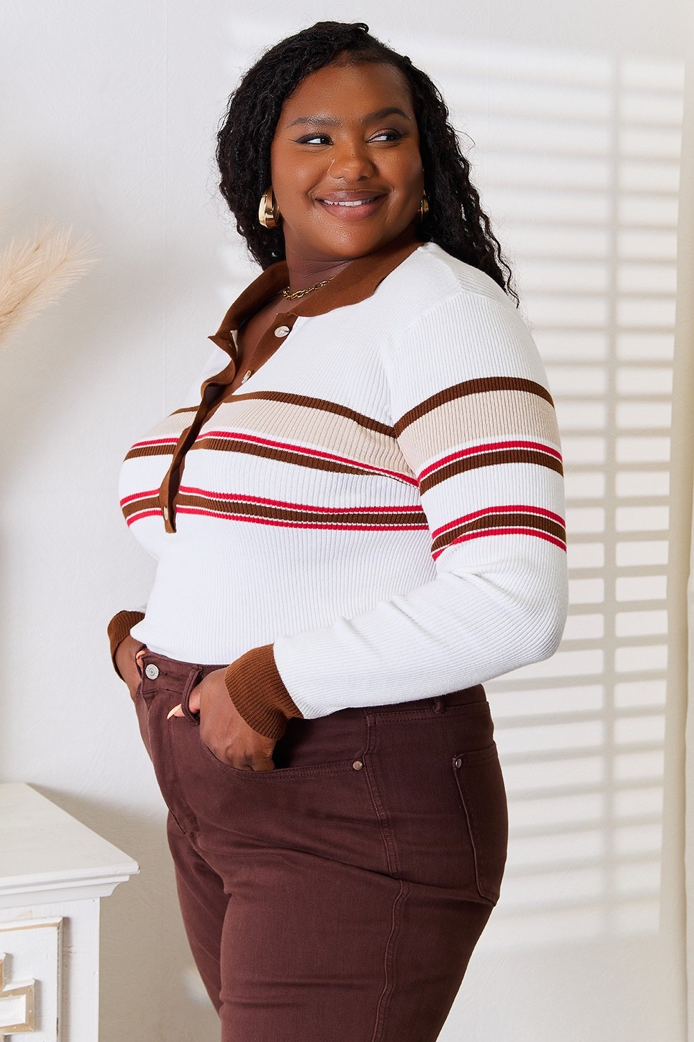 Basic Bae Womens Striped Rib Knit Collared Top Long Sleeve Casual Shirt