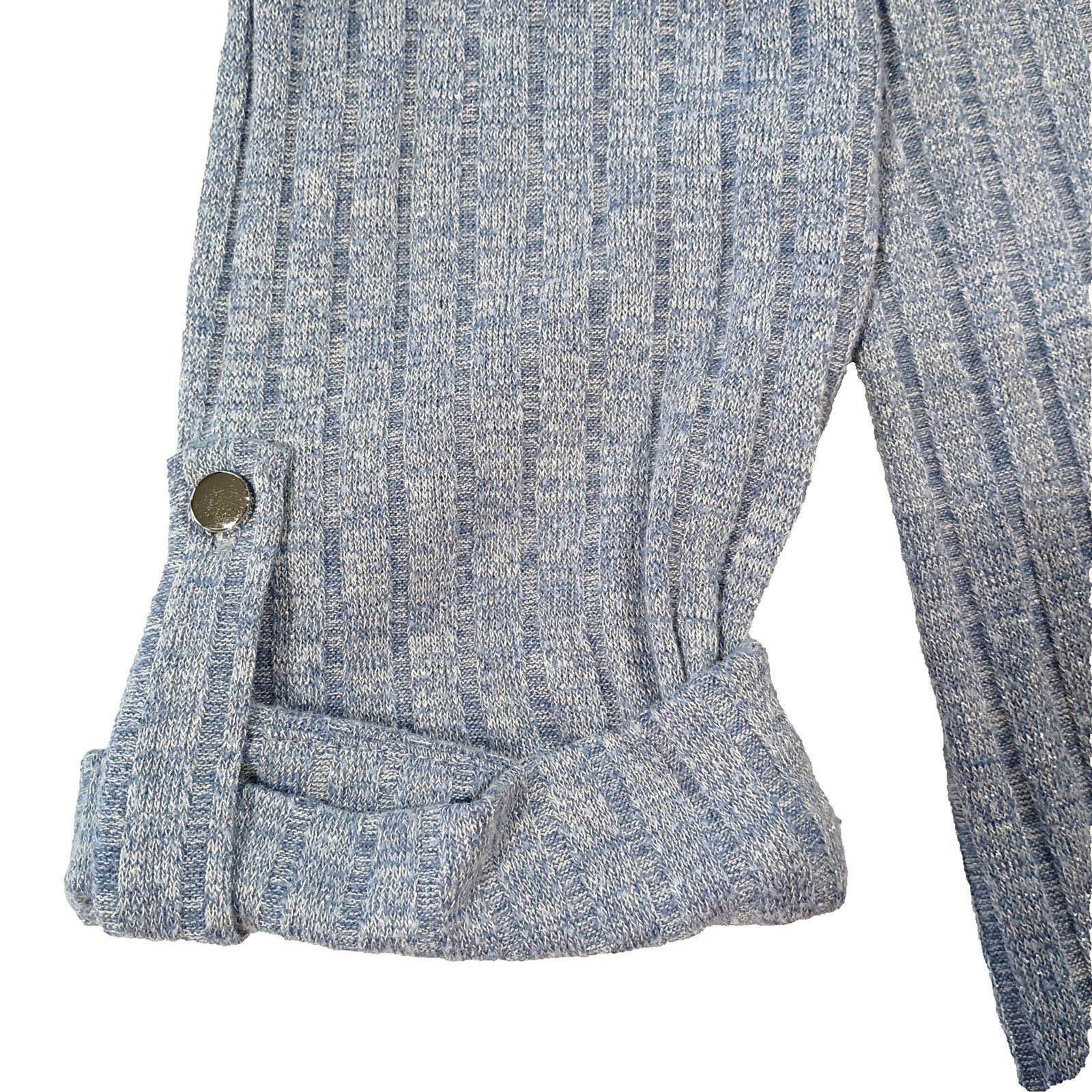 Cocomo Blue and Silver V Neck Swing Sweater Ribbed Button Up Roll Tab Sleeve L