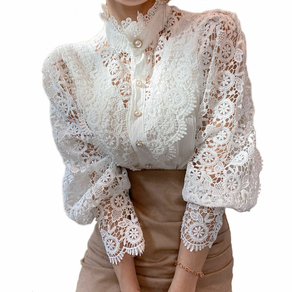 Women’s temperament solid color stand collar lace shirt pearl button top