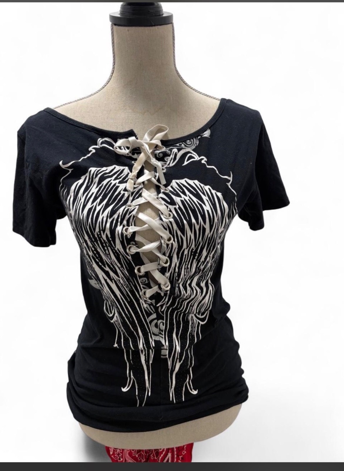Vintage SoCal Angel Wings Y2K Tee M Black Lace Up Gothic Punk Grunge Rhinestones