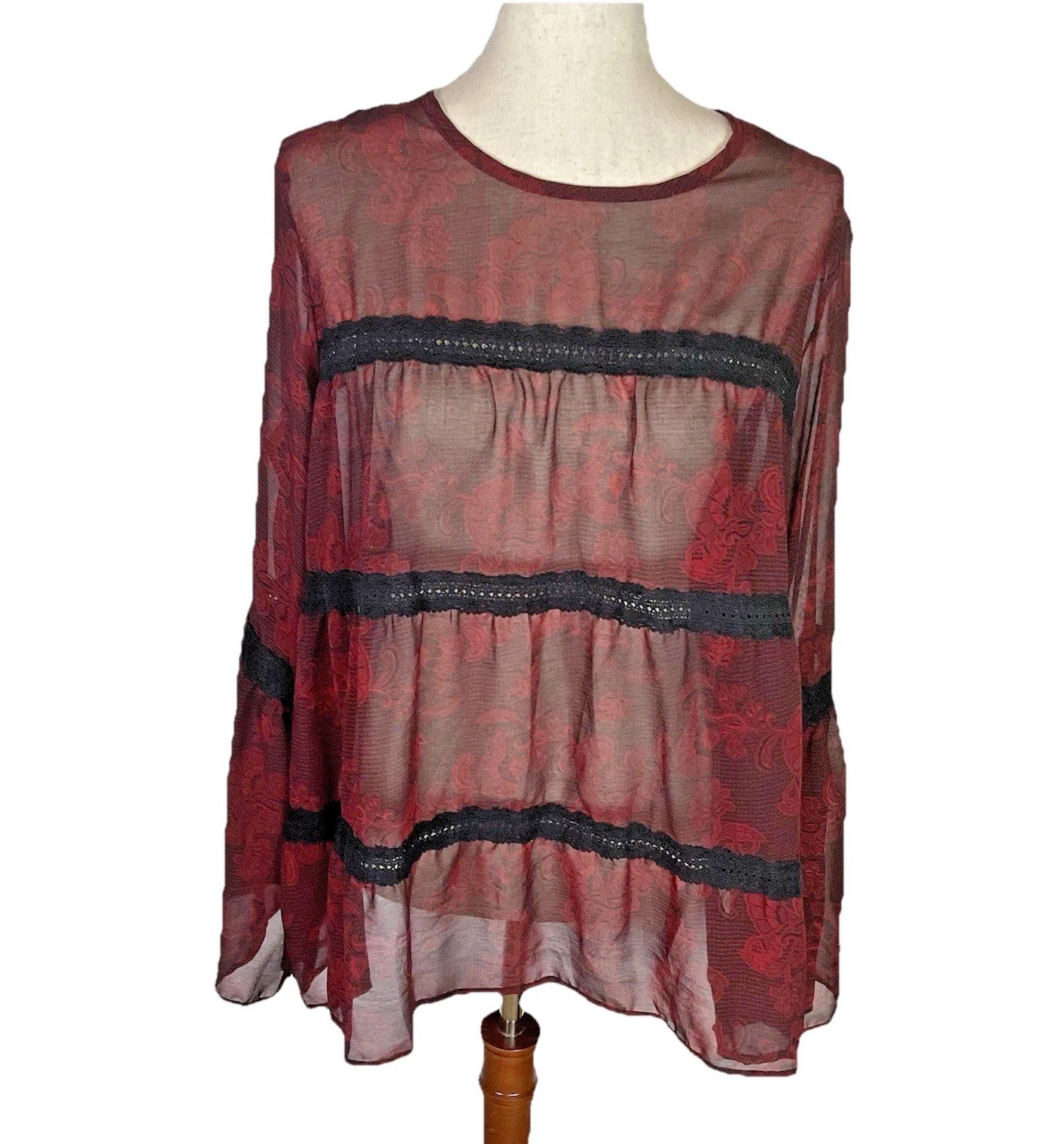 NWT GNW Black Red Floral Sheer Top SZ Large Flare Sleeve Dark Romantic Witchy
