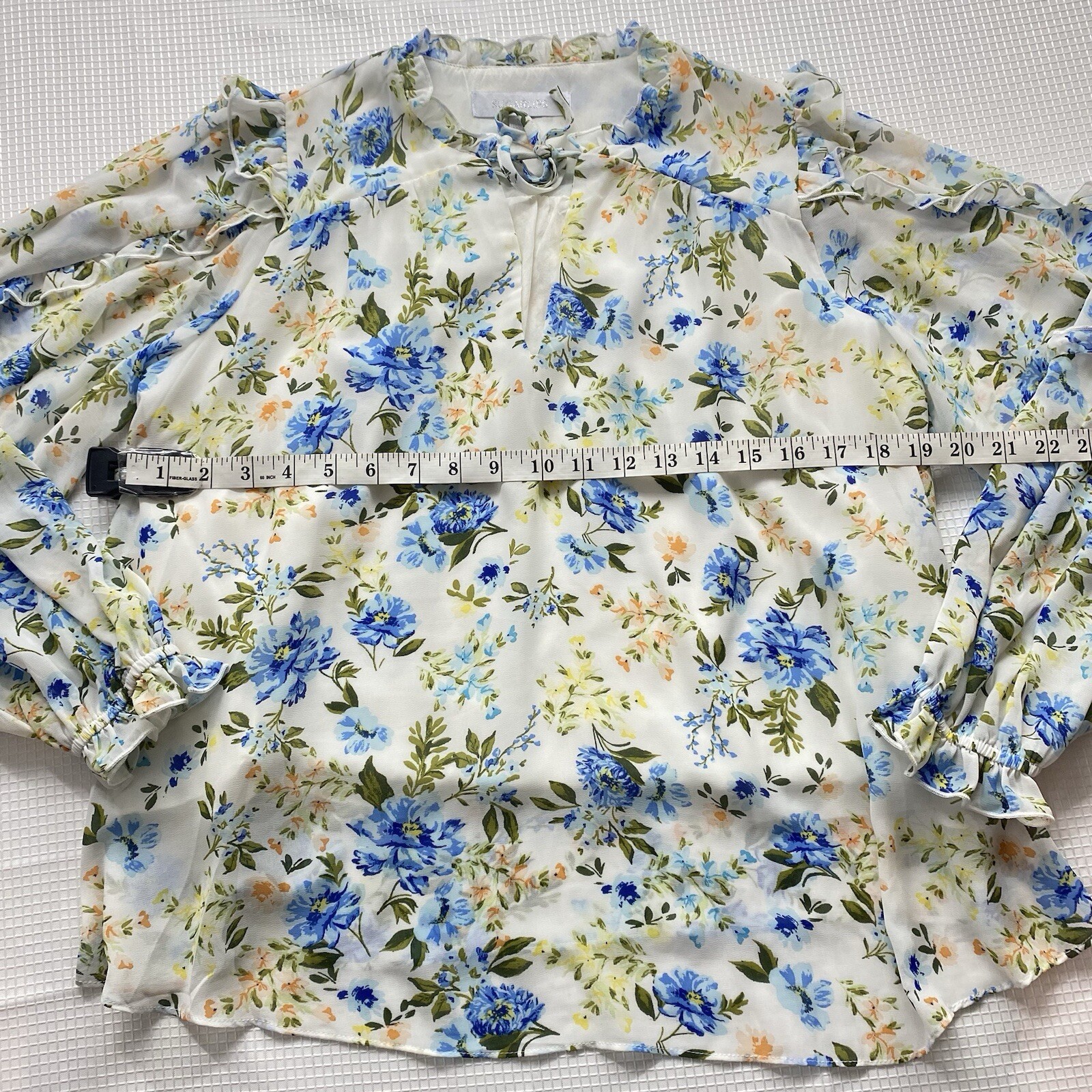 Sugar Lips Blouse Womens Small Balloon Sleeve Blue Floral V-Neck Ruffle Top