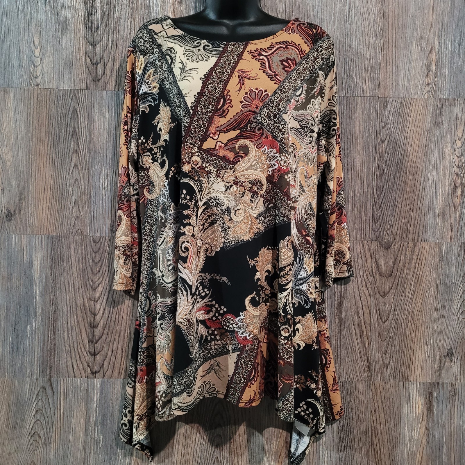 Attitudes by Renee Ornate Paisley Tunic Oversize Large Brown/Beige Maximalist