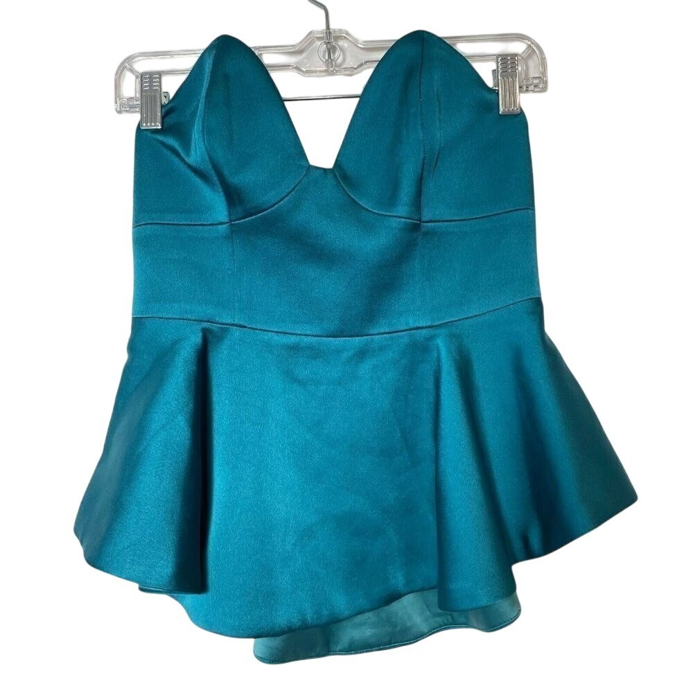 Keepsake the Label Stolen Hearts Satin Strapless Peplum Top M Teal Womens Party