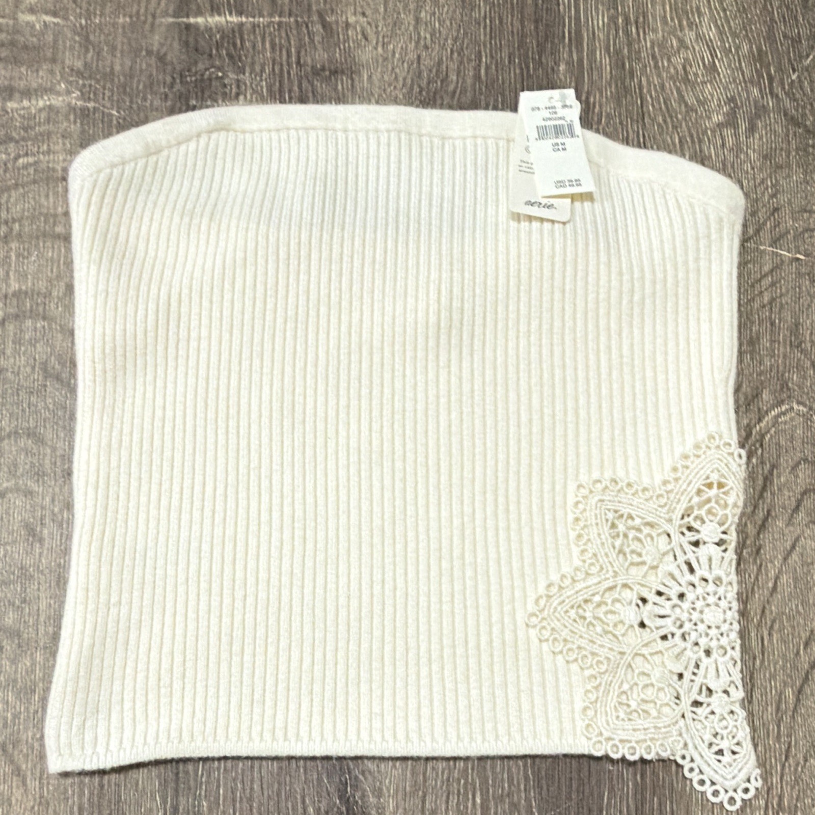 American Eagle Ribbed Knit Tube Top Cream Cut-Out Crochet Lace Detail Medium