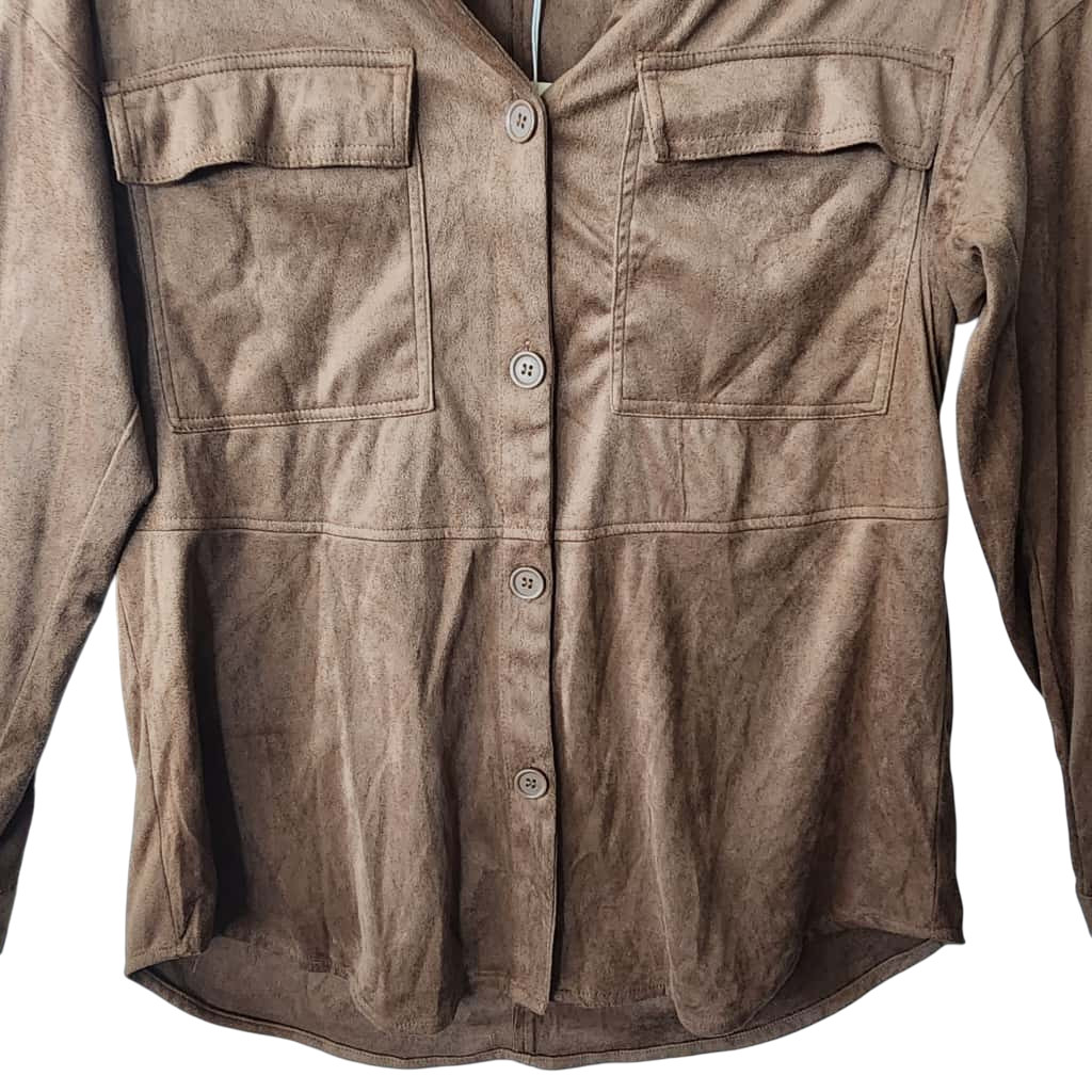 Max Studio Shacket Button Front Shirt Women Vicuna Brown Faux Suede Size XS