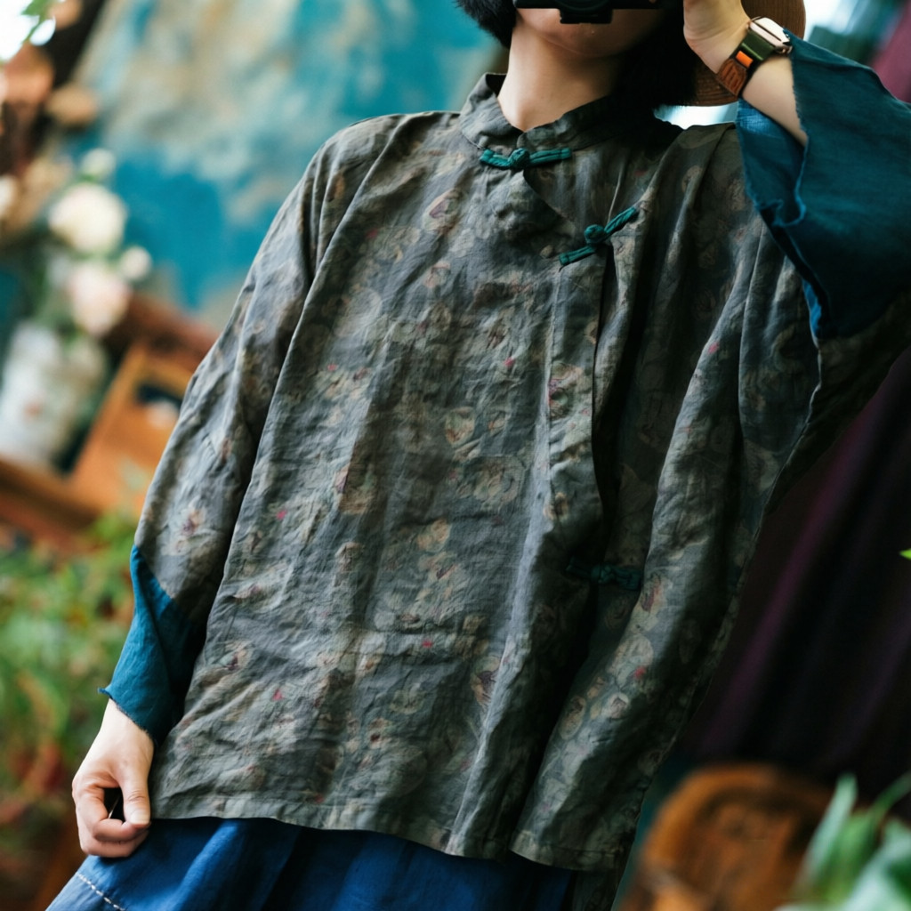 Moss Green Traditional Ramie Blouse 2199