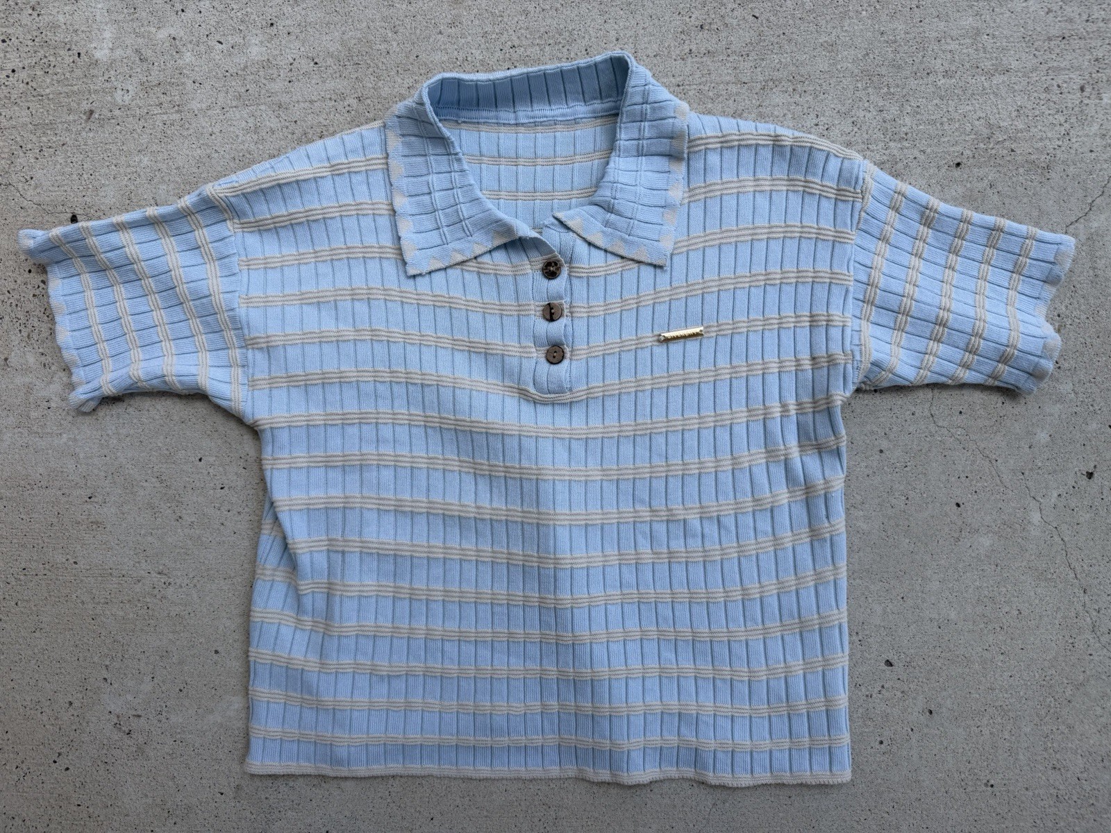 Givenchy Ribbed Knit Striped Polo Shirt Gold Logo Blue Cream Women’s XS S