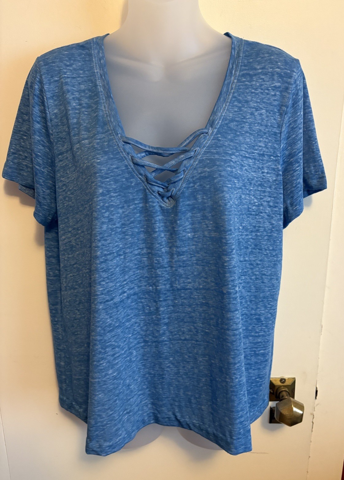SO Sporty Tee Blue Sz Large Short Sleeve TShirt Vneck Stretchy Semi-sheer