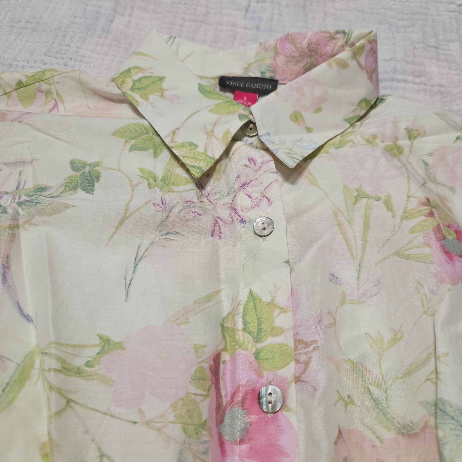 Vince Camuto Floral Tie-Front Button Down Blouse Top Blue Striped Trim Size S