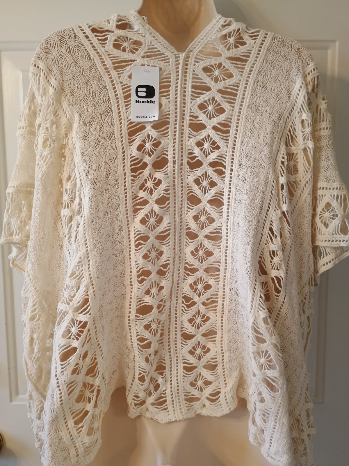 NEW En Creme Buckle BKE Open Front Ivory Crochet Cotton Kimono Top sz XS / S