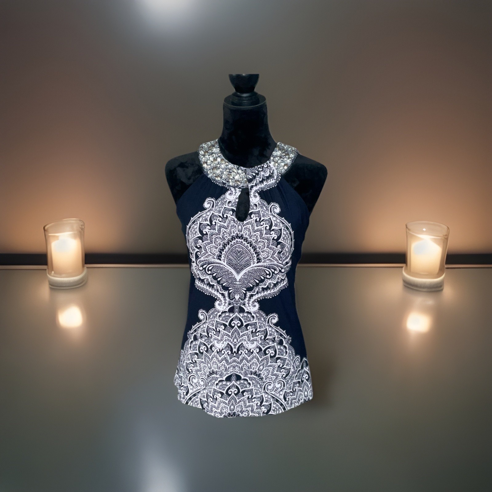 INC Blue And White Halter Style Women Top Embellished Neckline Size S