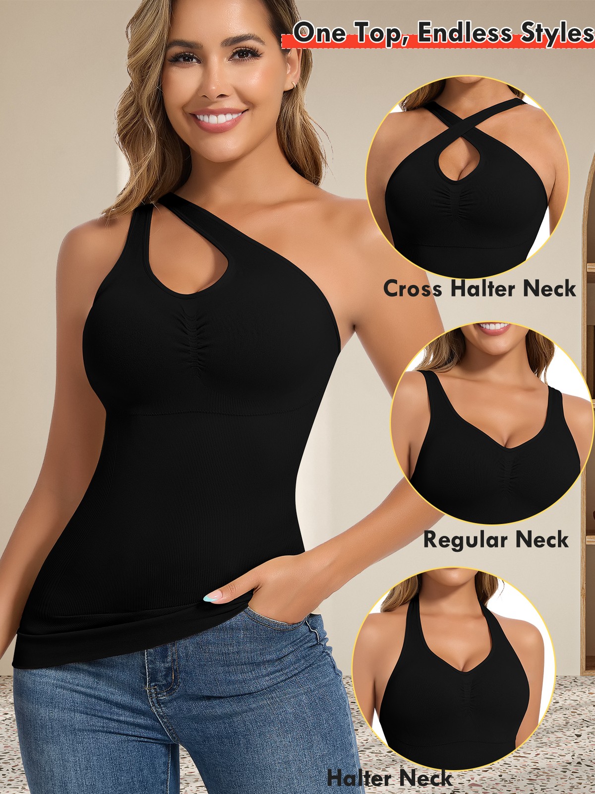 Women Built in Bra Cami Vest Tank Top Shaper Tummy Control Slim Multi-way Straps