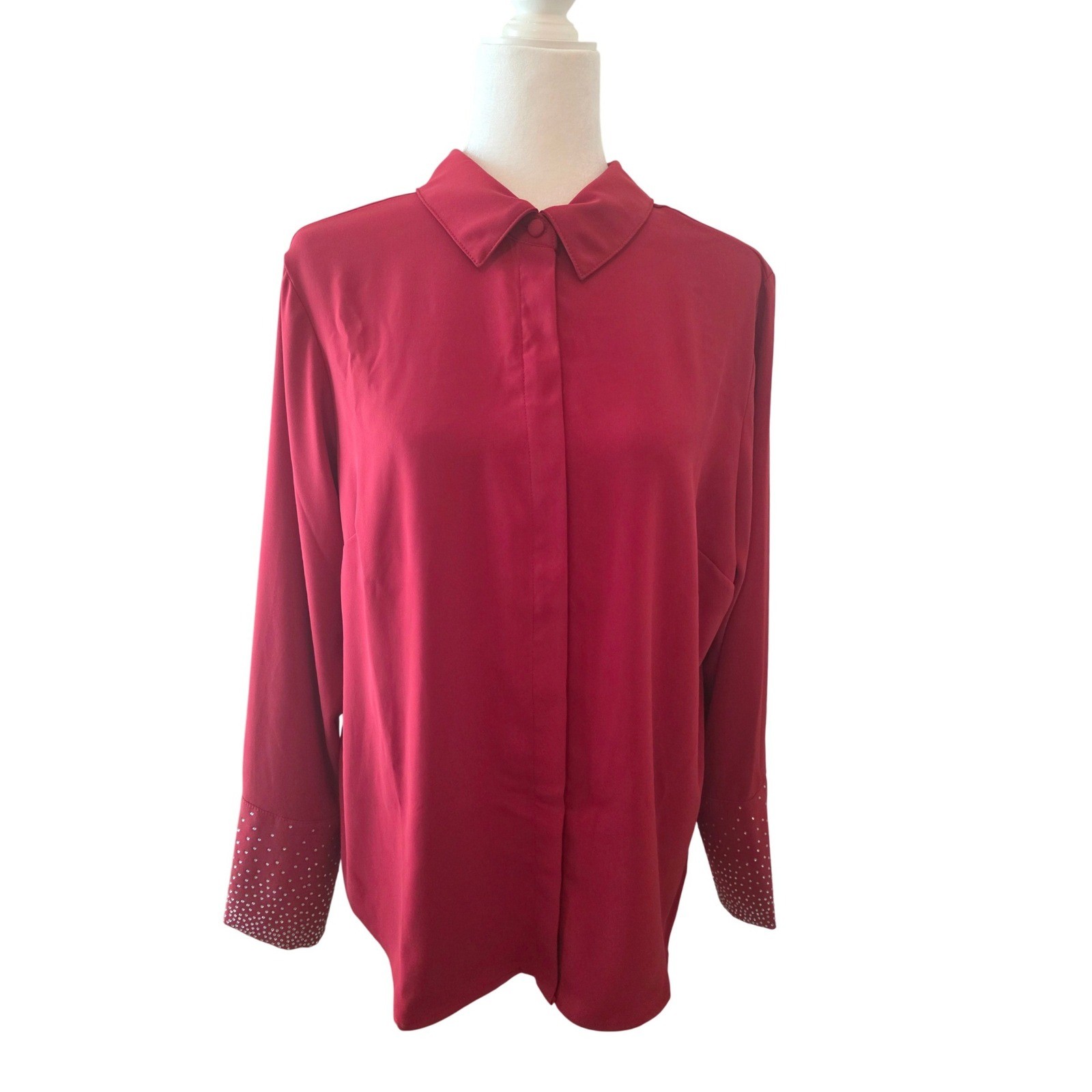 Joan Rivers Red Carpet Blouse VIbrant Red Rhinestone Cuff Button Down Top Large